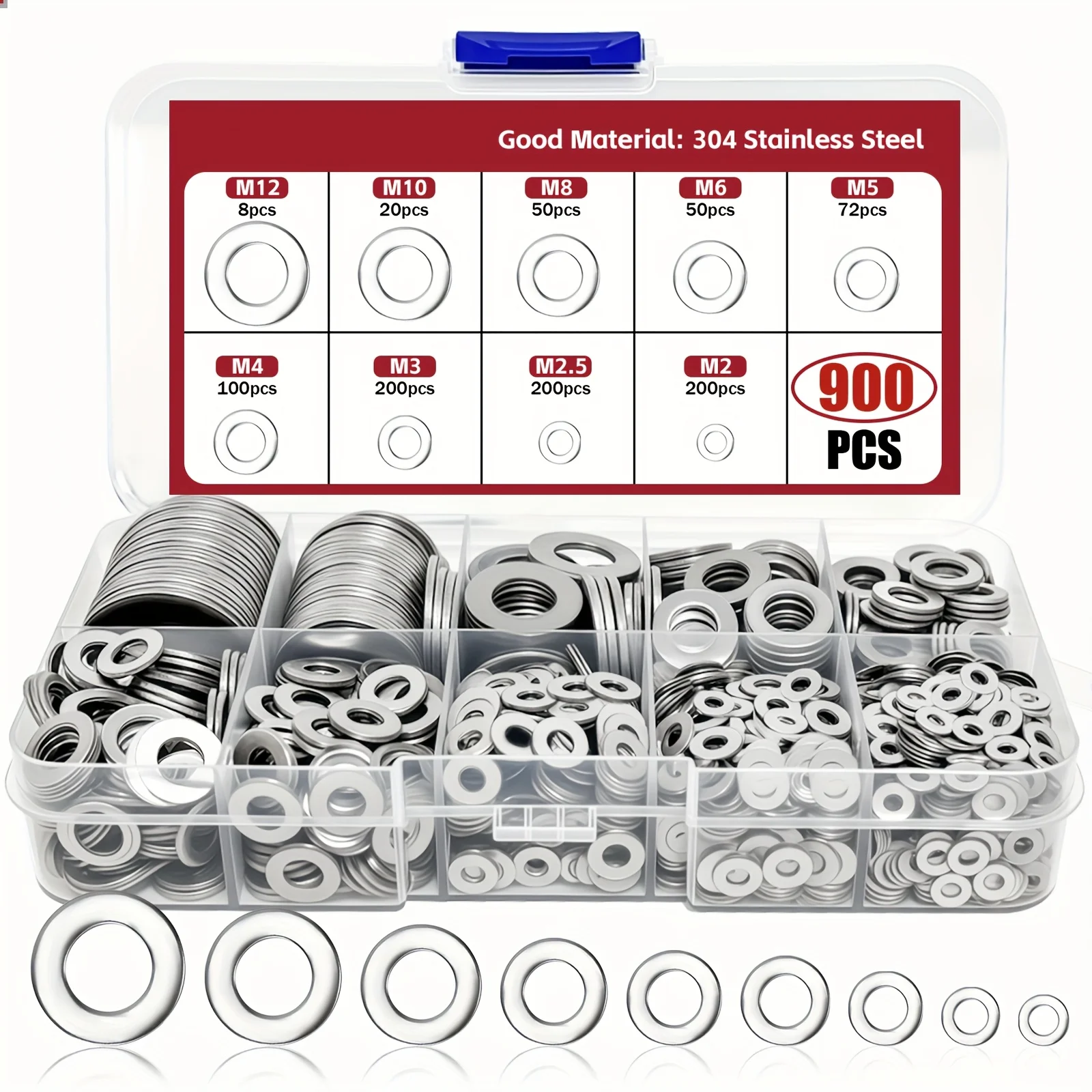 900 - Piece 304 Stainless Steel Washer Set, Made of Durable Material, Polished and Electroplated, Won't Damage the Surface of Fa