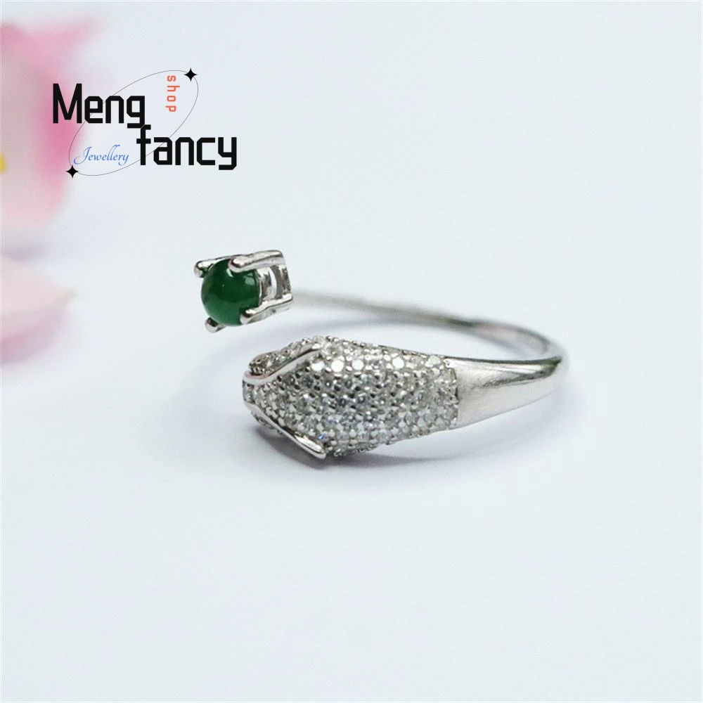 S925 Silver Lnlaid Natural Ice Jadeite Exquisite Elegant Simple High-grade Ring Imperial Green Leopard Head Jade Fine Jewellery