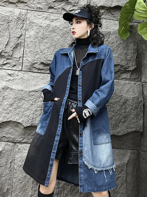 Extra Large 300 Pou automne nouveau paresseux ample minceur sur le genou mi-longue épissage Denim Sle femmes à la mode manteau Jaet