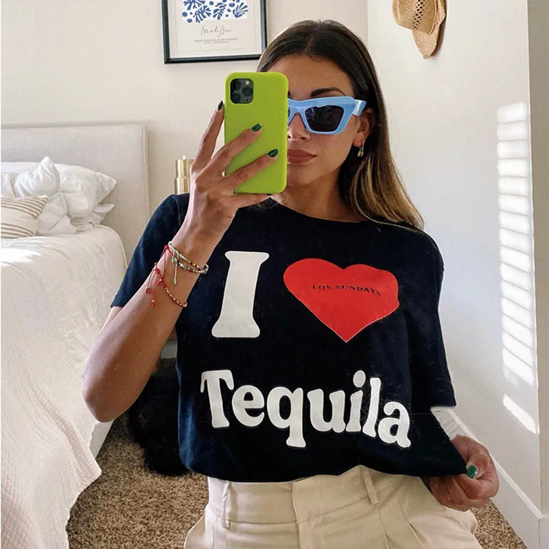 I Love Tequila on Sunday Graphic Drink Lover's Women T Shirts Short Sleeve Loose Cotton Casual Tops Tees Fashion Casual Shirts