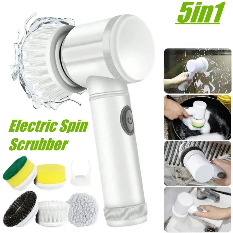 

5in1 Spin Scrubber Cleaning Brush Cordless Power Scrubber with Replaceable Brush Heads Handheld Power Scrubber