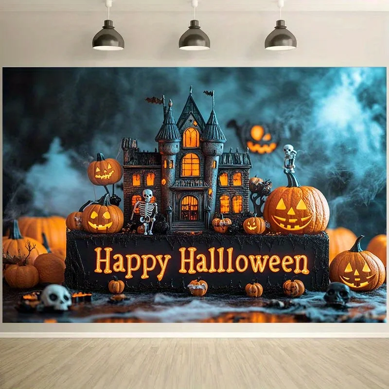 2D FLACHE Banner Hintergrundtuch Banner Partydekoration Halloween Hintergrundtuch - Geisterhaus, Kürbislaterne, Totenkopf und