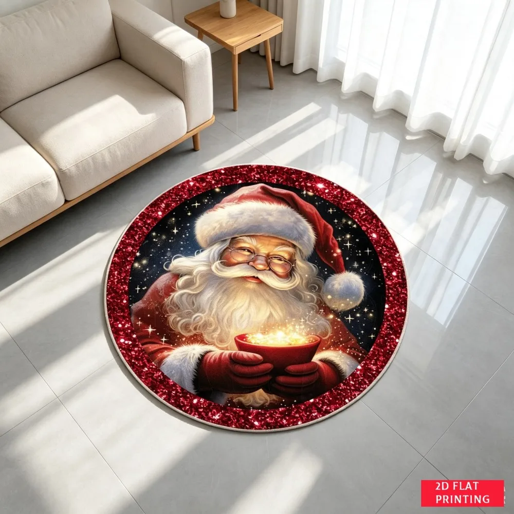 Red Glitter Santa Round Area Rug Sparkling Star Circular Floor Mat Winter Holiday Indoor Area Carpet for Guest Room Sunroom