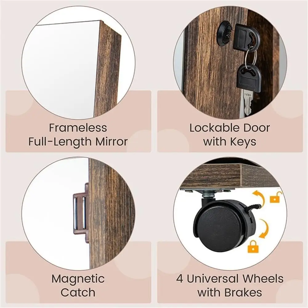 Lockable Armoire Jewelry Cabinet Mirror LED Wheels Storage Velour Hooks Coffee