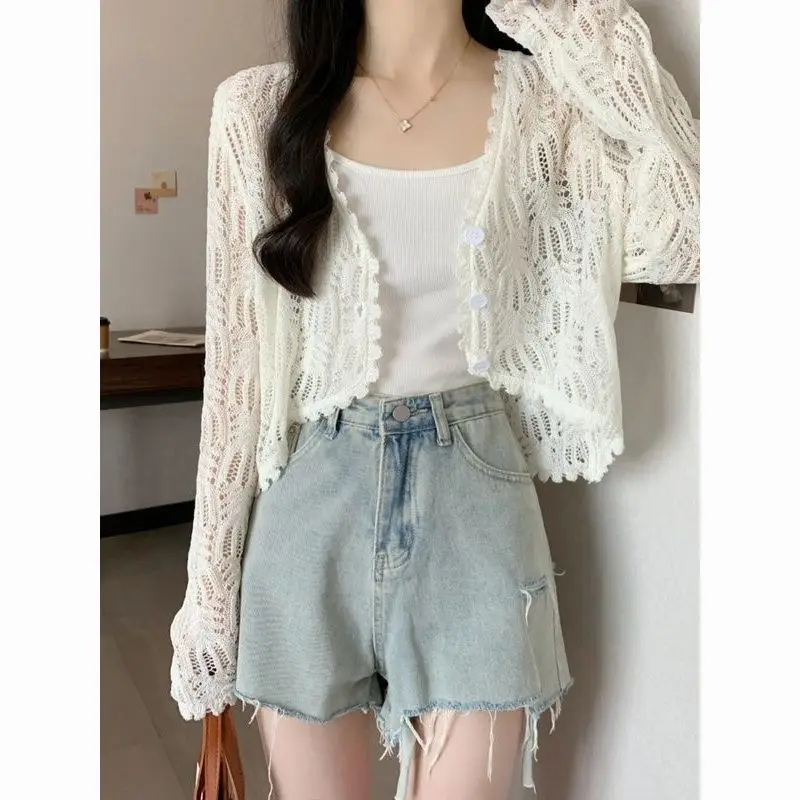 

Summer 2024 Ice Silk Thin Knitted Cardigan ort Hollow out Women's Top Skirt Outer Sun Protection V-ne Long Sve Open-front
