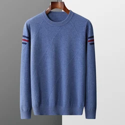 Autumn And Winter Clothing 100% Pure Cashmere Color Contrast Round Neck Jacquard New Base Knitted Warm Sweater Men's Youth Trend