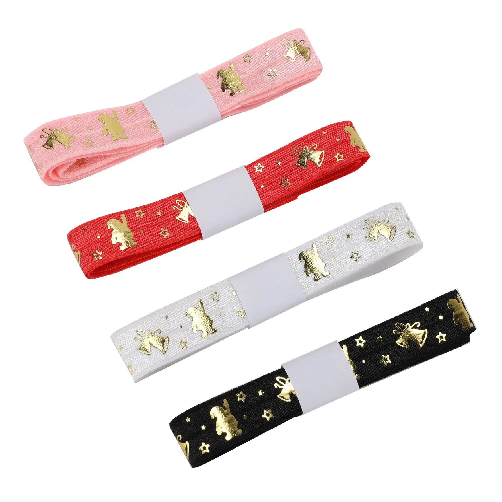 

5/8'' 15mm Wide Gold Foil Santa Claus Bells Printed FOE Fold Over Elastic Ribbon For Gift Wrapping Christmas Decorations