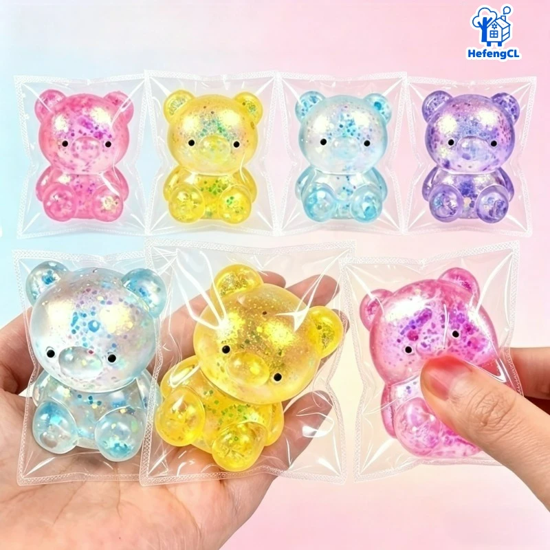 (HefengCL)Transparent Glitter Bear TPR Squishy Toys, Stress‑Relief Squeeze Toys, Random Colors, Ideal Party Favors Holiday Gifts
