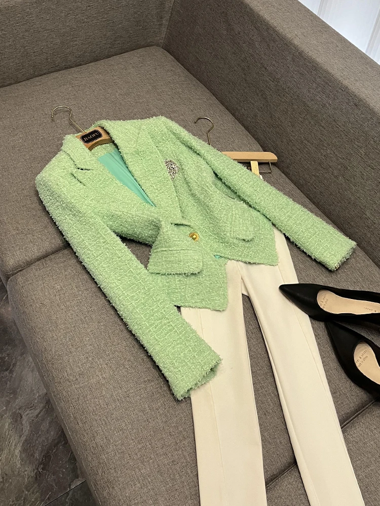 

Элегантный приталенный женский пиджак из плотного твида с отложным воротником, в деловом стиле, с длинными рукавами, производство Китай, весна