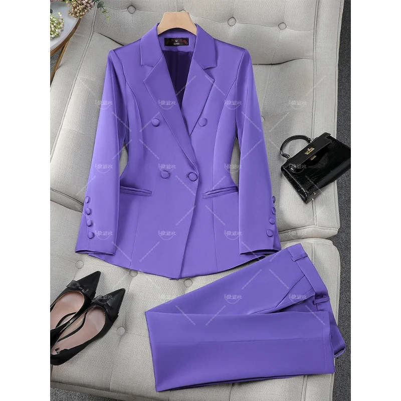 Fashion Office Ladies Formal Pant Suit Set Women Blue Pink Yellow Female Business Work Wear 2 Piece Blazer Jacket And Trouser