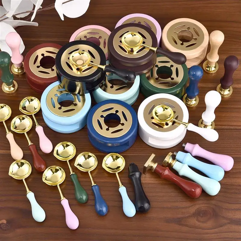 2/3pcs Wax Seal Stamp Set Solid Wood Wax Melting Furnace With Spoon 1 Set Of Wax Seal Melting Heater Wax Pot Bead Rod Heater