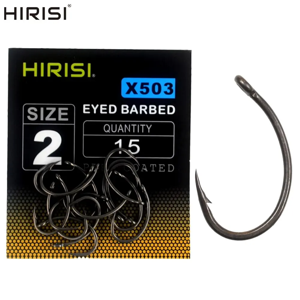 Hirisi 15pcs PTFE Coated High Carbon Stainless Steel Barbed Fish Hook With Eye X503 Fishing Accessories