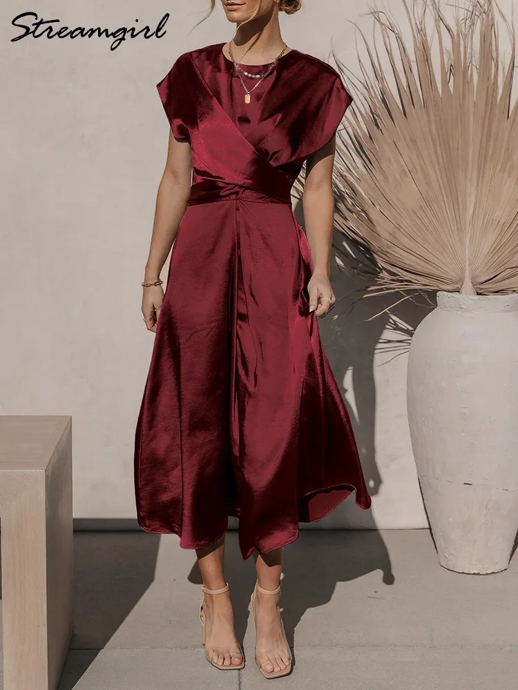 Streamgirl Summer Satin Dresses Women 2023 Elegant Lace Up Long Dress For Summer Short Sleeve Womens Maxi Sresses Summer Satin