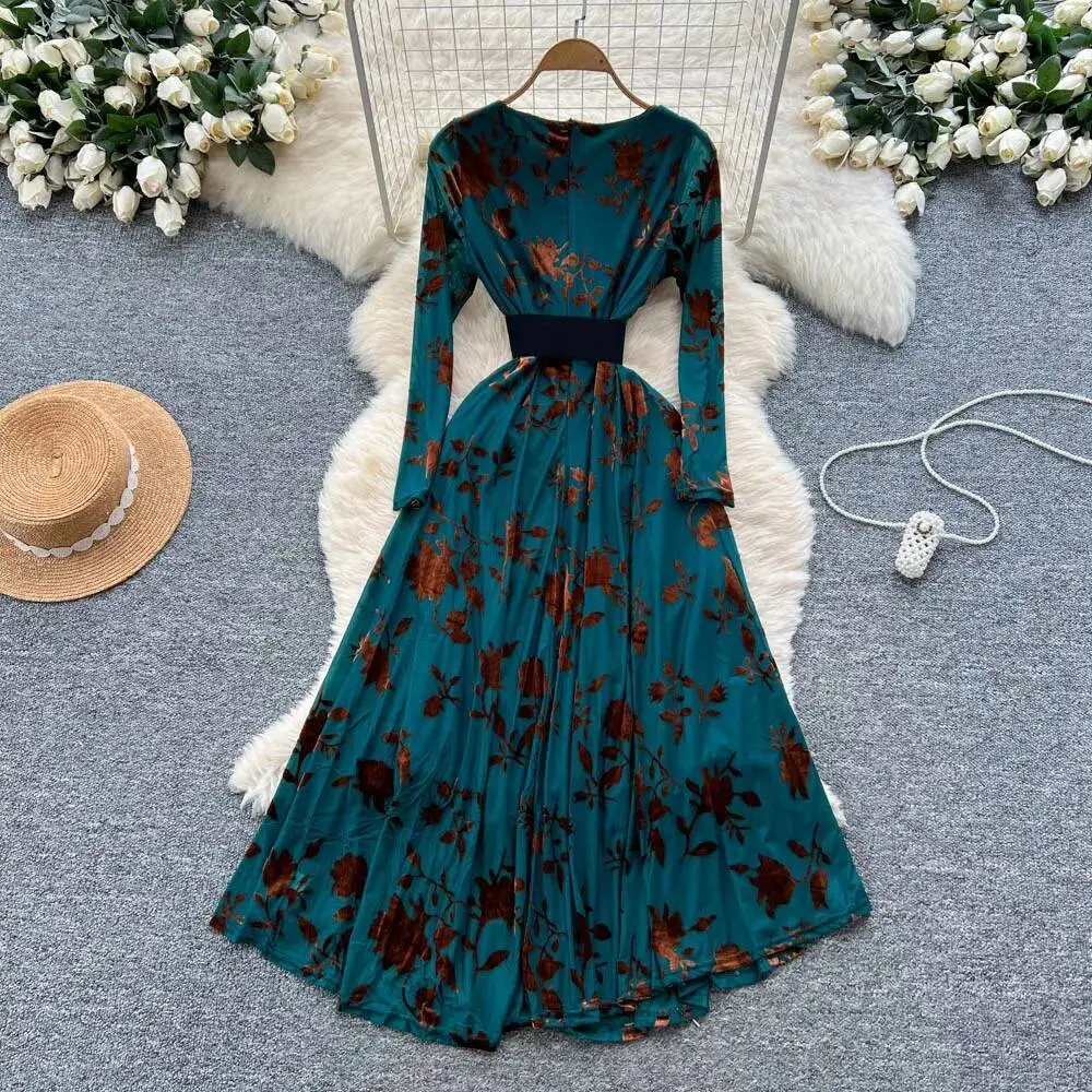 

Элегантное платье с длинными рукавами и круглым вырезом с принтом и рюшами, корейские модные платья, женская одежда