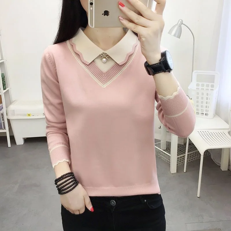 Women Autumn Winter Knitted Pullover Sweaters Lady Casual Long Sleeve Peter Pan Collar Pullover Tops WY1023