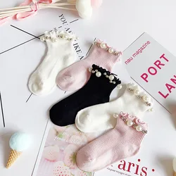 Kids Socks Spring Summer Cotton Girls Socks Ruffle Cute Pearl Children Socks White Black Pink Little Girl Clothing Accessories