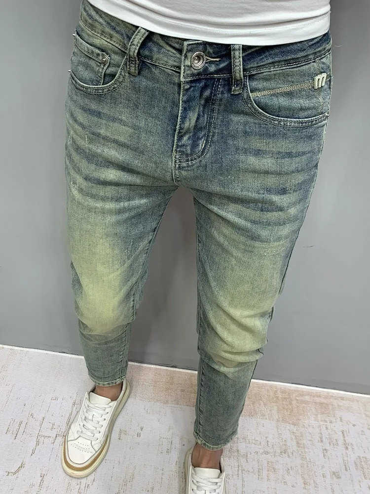 

Мужские джинсы в стиле ретро, американский деним, модный бренд, корейская версия, зауженные, премиум-класса, цвет грязно-желтый, укороченные (9/10 длины)