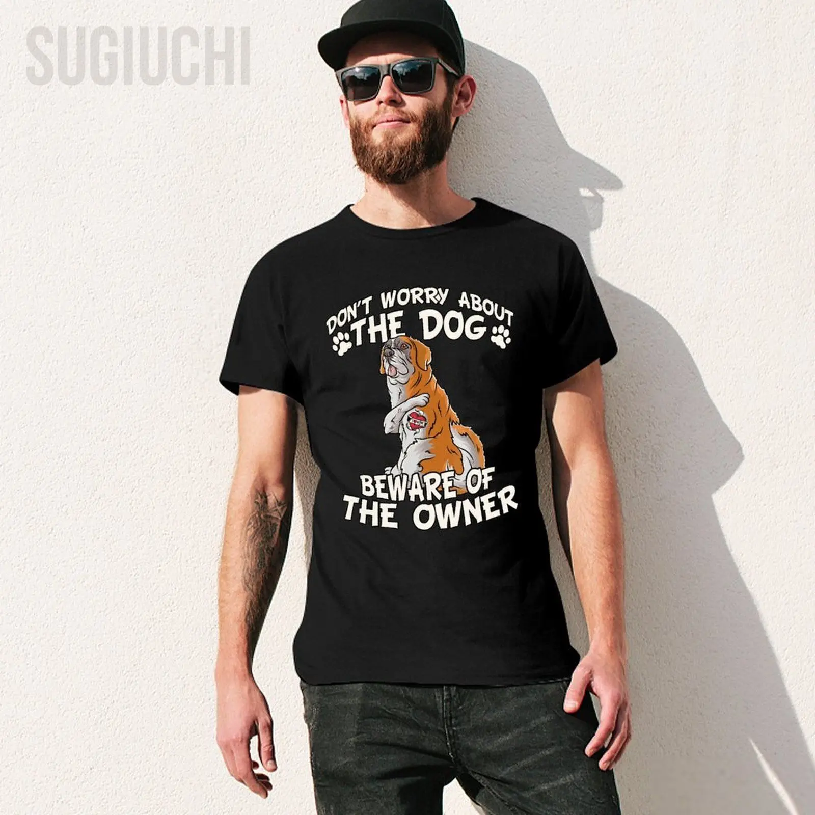 Unisex Men Don't Worry About The Dog Worry About Owner Saint Bernard Tshirt Tees T Shirts Women Boys 100% Cotton T-Shirt