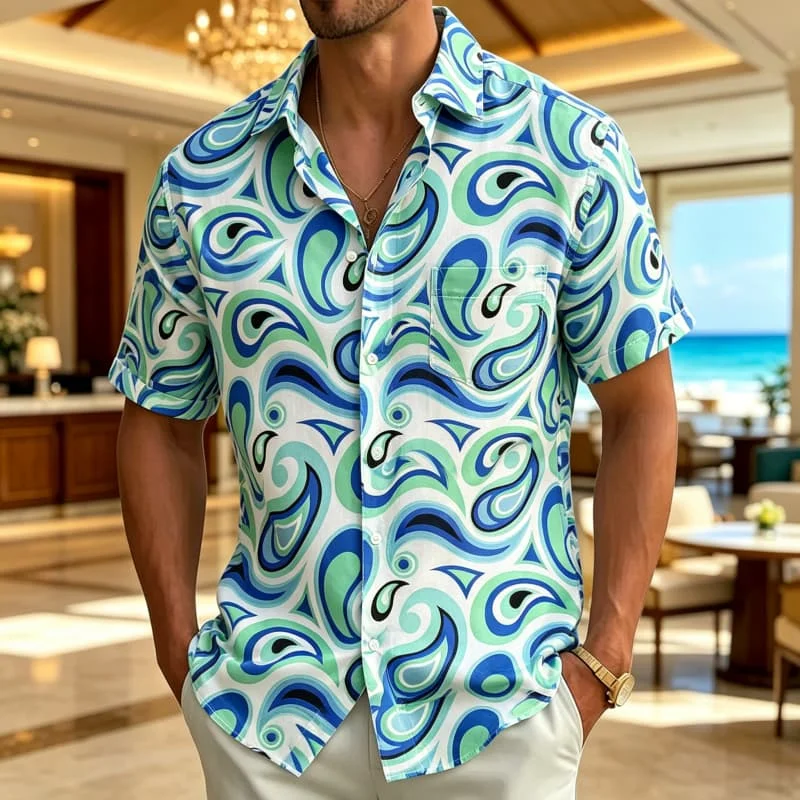 Men's Shirt Paisley Swirl Abstract Print Short Sleeve Button Down Casual Beach Summer Mens Clothing