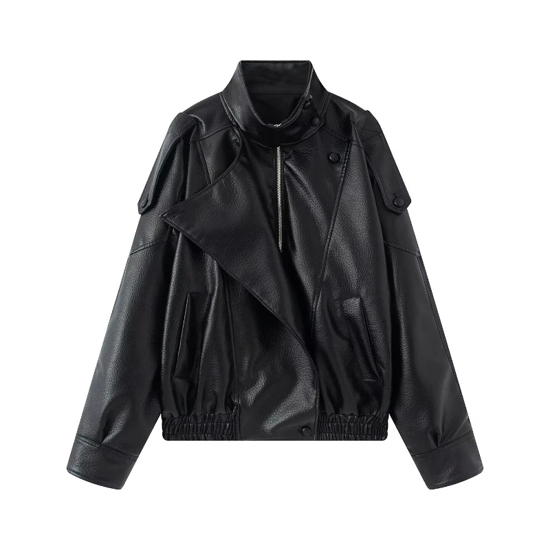 Black Women's Fuax Leather Jacket Short Zipper Stand PU Coat Long Sleeve Casual Loose Jackets 2026 Spring New Office Outerwears