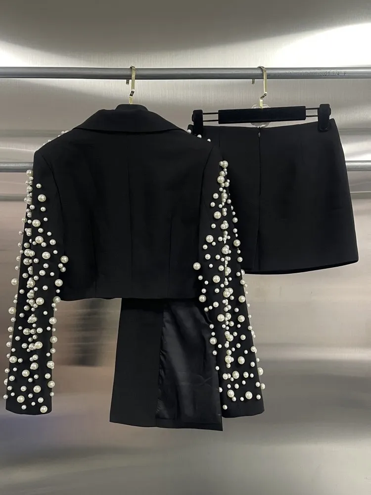 Designer Pearls Asymmetrical Black Sexy Suit Jacket A Line Skirt Women Two Piece Set Party Banquet Elegant Fashion Suits Sets