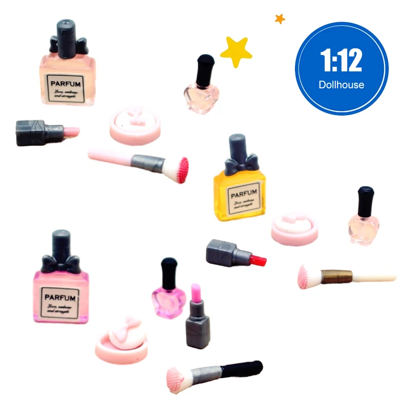 

1Set 1:12 Dollhouse Miniature Cosmetic Lipstick Pressed Powder Perfume Makeup Brush Model Doll Makeup Scene .Decor Accessories