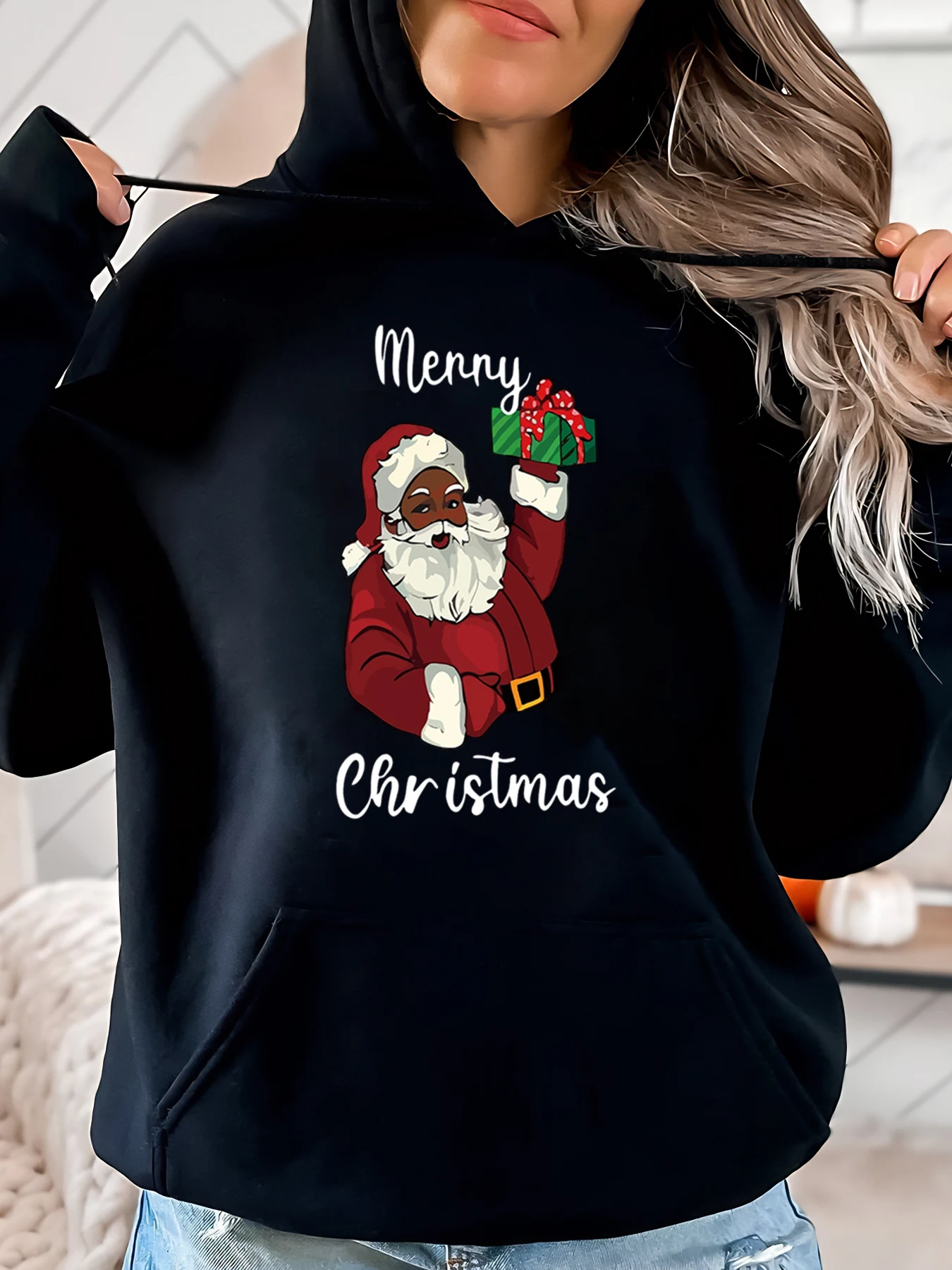 Weihnachtsmann Merry Christmas Print Hoodie Damen Weihnachten Freizeitkleidung Schwarz Plus-Size