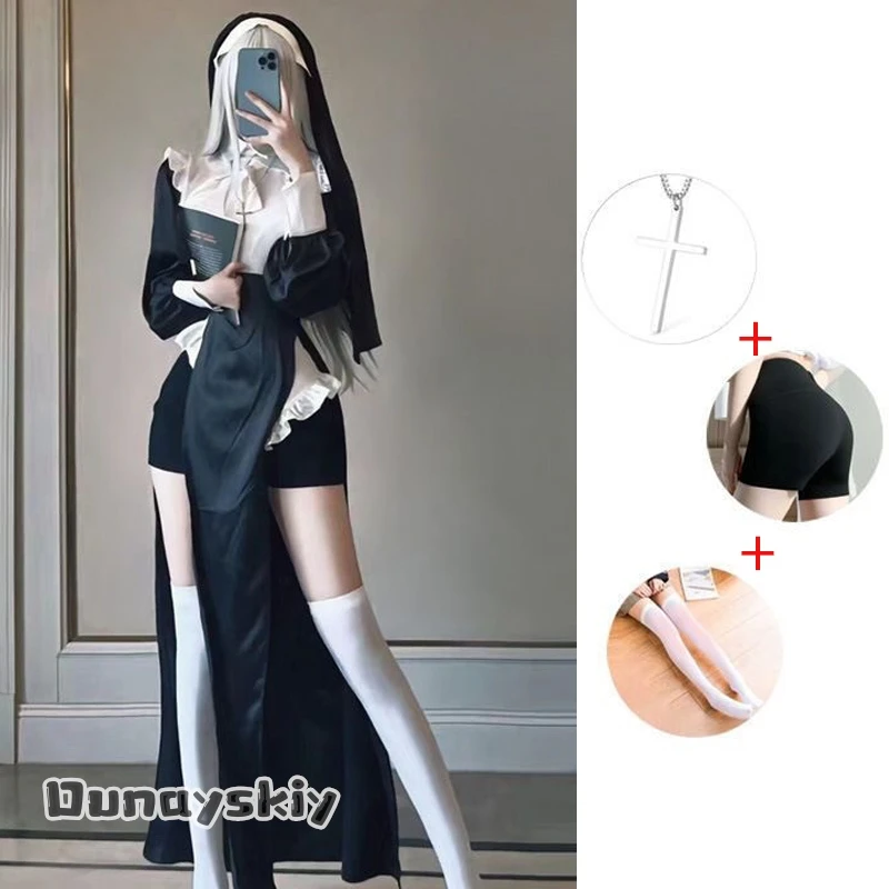 Disfraz de monja para Halloween, disfraz Sexy de monja en blanco y negro, uniformes ajustados, traje de juego de rol de Halloween, vestido de monja para adulto para mujer