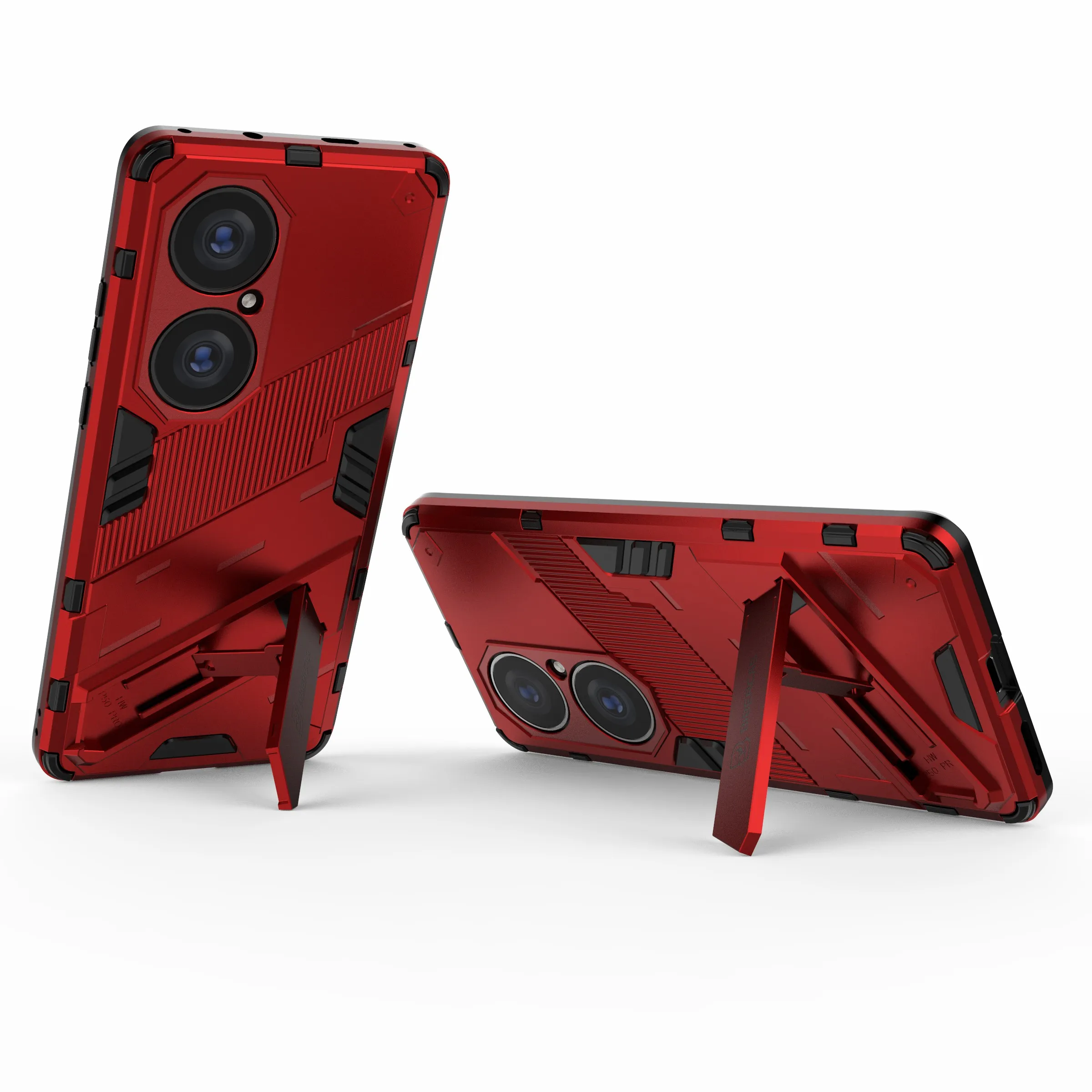 화웨이 P50 프로용 접이식 킥스탠드 충격 방지 PC + TPU 하이브리드 휴대폰 후면 케이스 보호대 - 레드