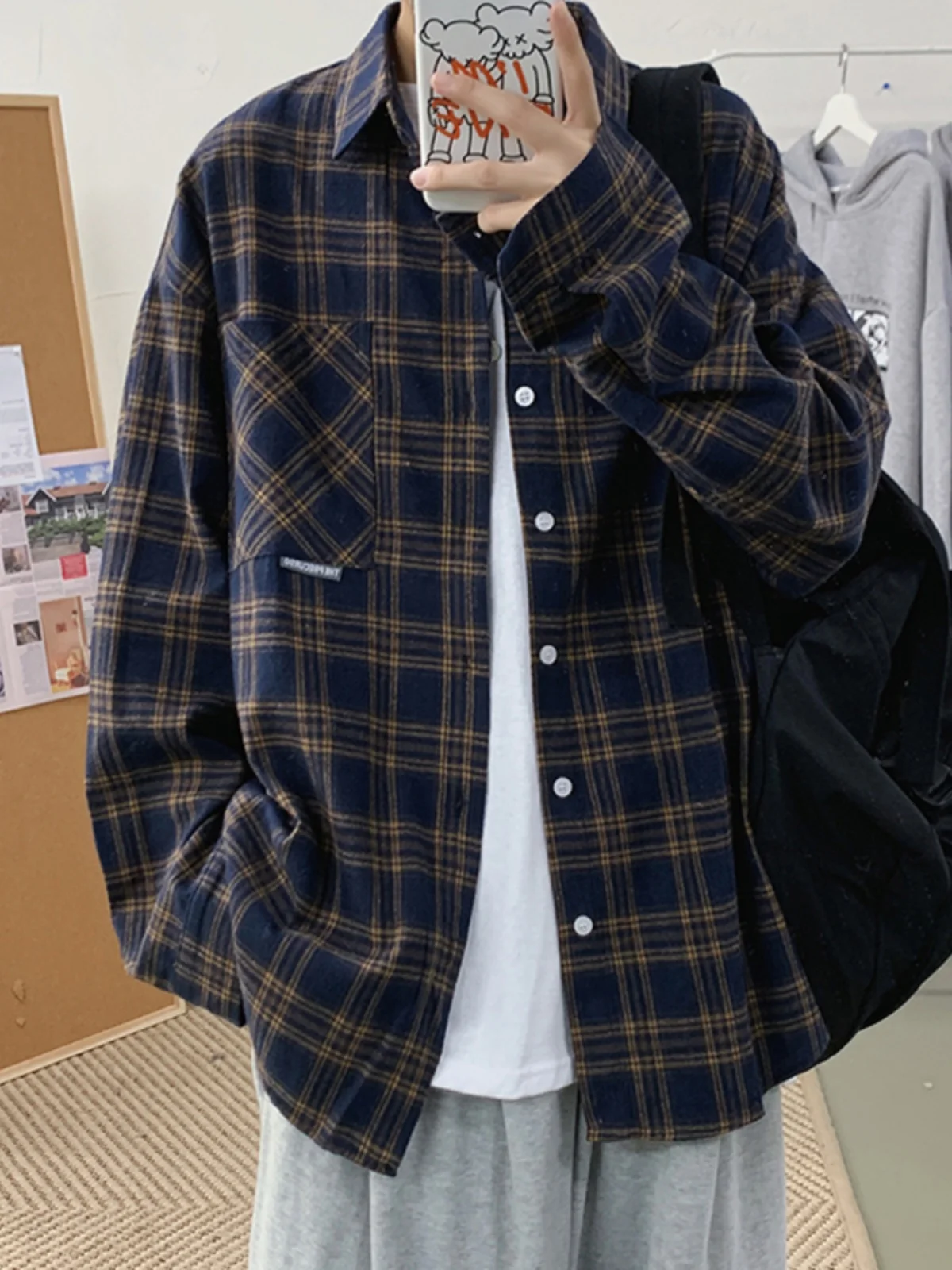 

American Plaid Long Sve irt Jaet for Men Spring Autumn High Sensation Workwear Oversize Couple's Top Youth Trend