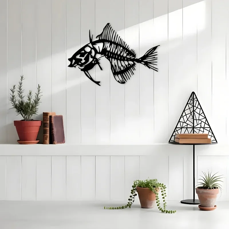 Fish Skeleton Iron Wall Art Black Marine Silhouette Metal Decor Rustproof Indoor Seafood Party Minimalist Modern Gift Ornament
