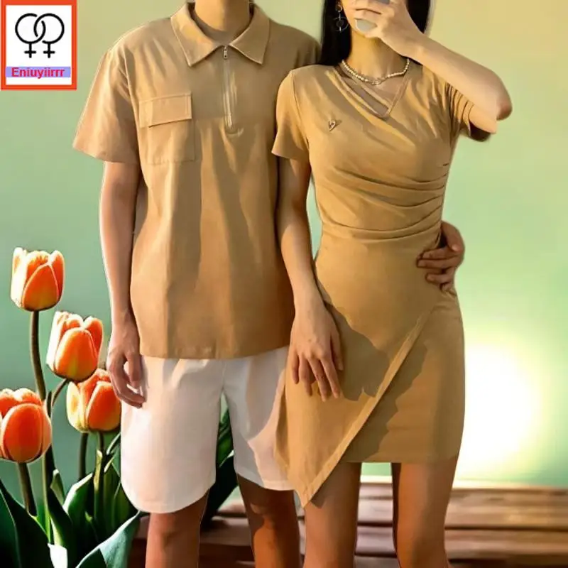 Matching Couple Clothes Outfits Male Female Lovers Holiday Valentine\'s Date Honeymoon Retro Vintage Cotton Shirt Dress