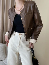 Elegant Cropped Leather Jacket for Women Spring Autumn 2024 Trend Metal Single Breasted Design O-neck PU Leather Coat