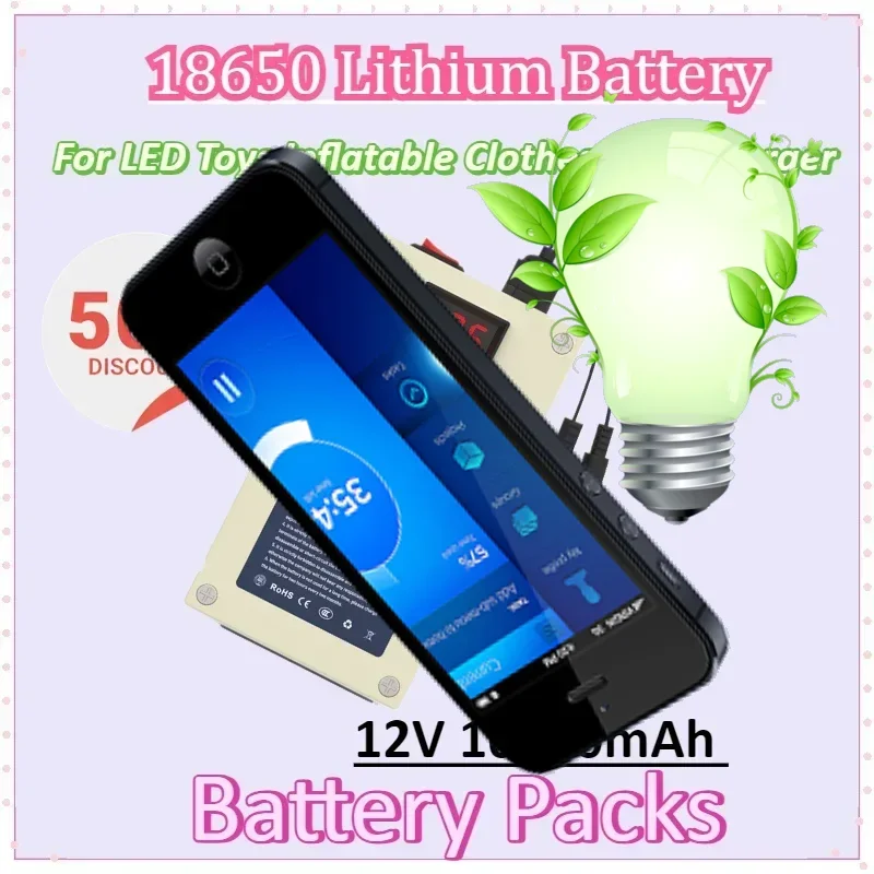 

10400mAh 12V 10Ah 18650 Lithium Battery for LED Toys Inflatable Clothes with Charger Rechargeable Battery Pack Built-in BMS