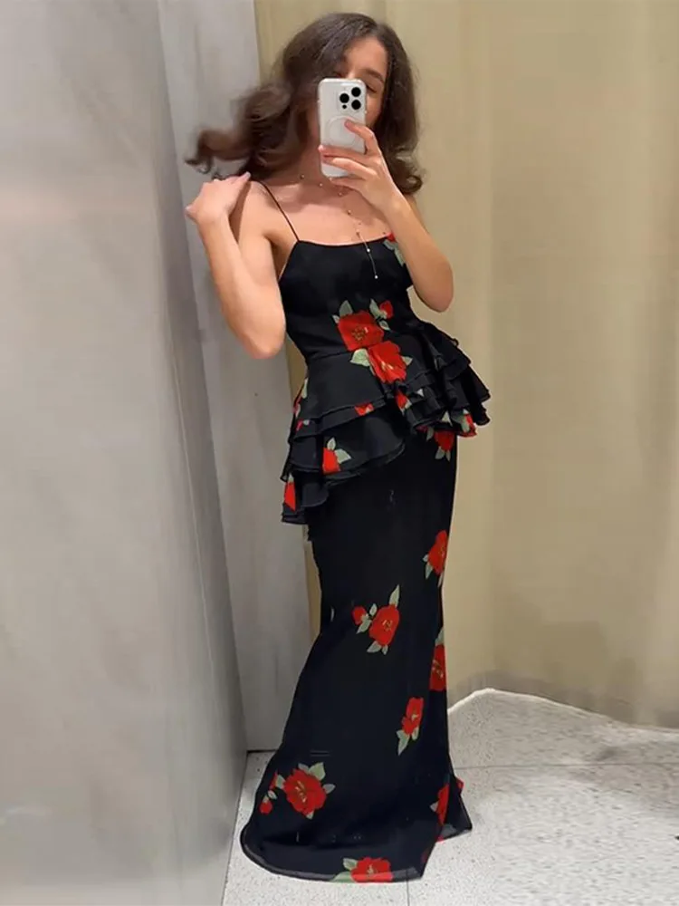 

FSMG Fashion Rose Print Sleeveless Backless Sling Dress Elegant Hip Package Ruffle Long Skirt Sets Summer Evening Party Vestidos