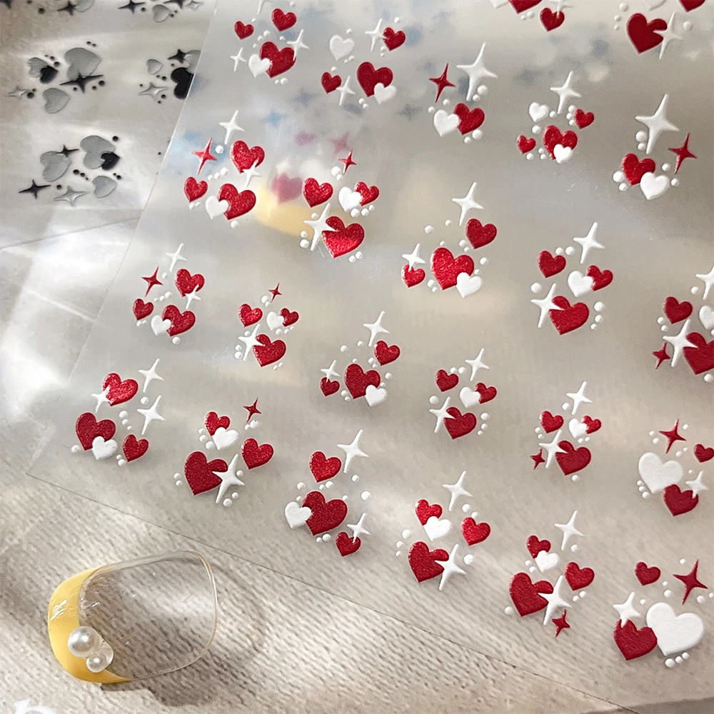 1枚入り ラブハートネイルステッカー 3D 赤白ハート セルフ接着ネイルデカール DIY クロス スターライト マニキュア スライダー ネイルアートデコレーション