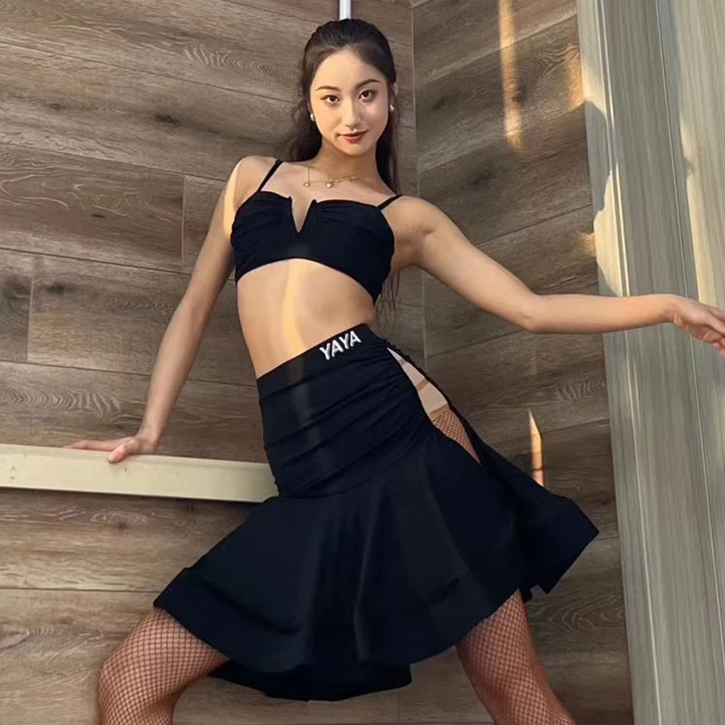 

Summer Latin Dance Clothes Black Tops Skirt Adult Latin Practice Wear Rumba Samba Salsa Dance Costume Latin Dance Dress DNV17857