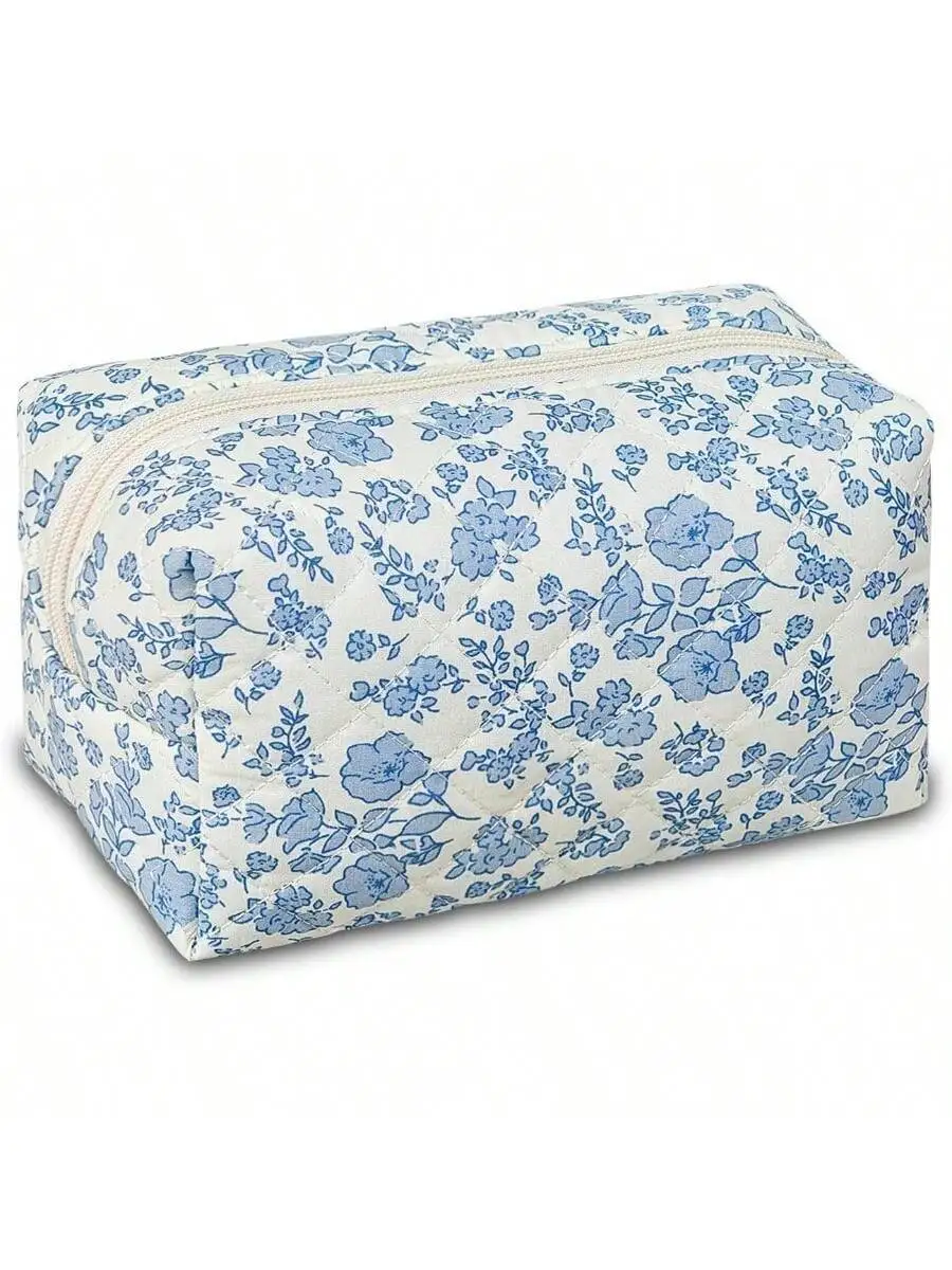 

Quilted Floral Cotton Makeup Pouch Large Capacity Cosmetic Bag For Women Travel Toiletry Organizer