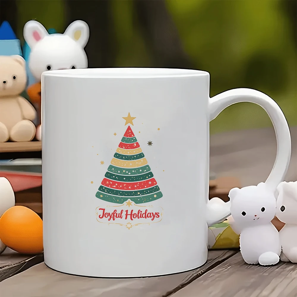 

11oz mug + Christmas tree design cup + handwritten Joyful Holidays + gold accents + must-have family holiday gift