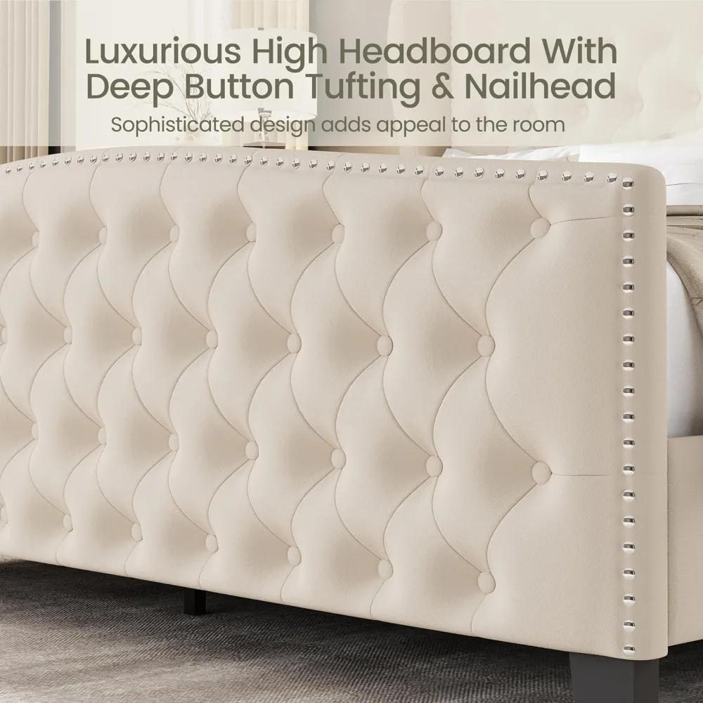 โครงเตียงขนาดคิงไซส์เตียงแพลตฟอร์มหุ้มกํามะหยี่พร้อมหัวเตียงและที่วางเท้าแบบ Wingback, กระดุมลึก, โครงเตียง