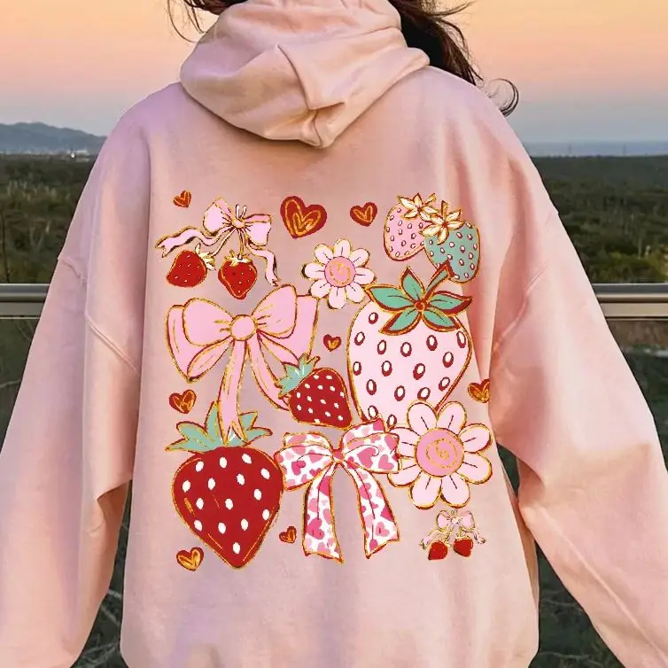 

Vintage Sweatshirt Aesthetic Graphic Hoodies Y2K Tops Casual Daily Wear Unisex Versatile Stylish Pullover Floral Strawberry