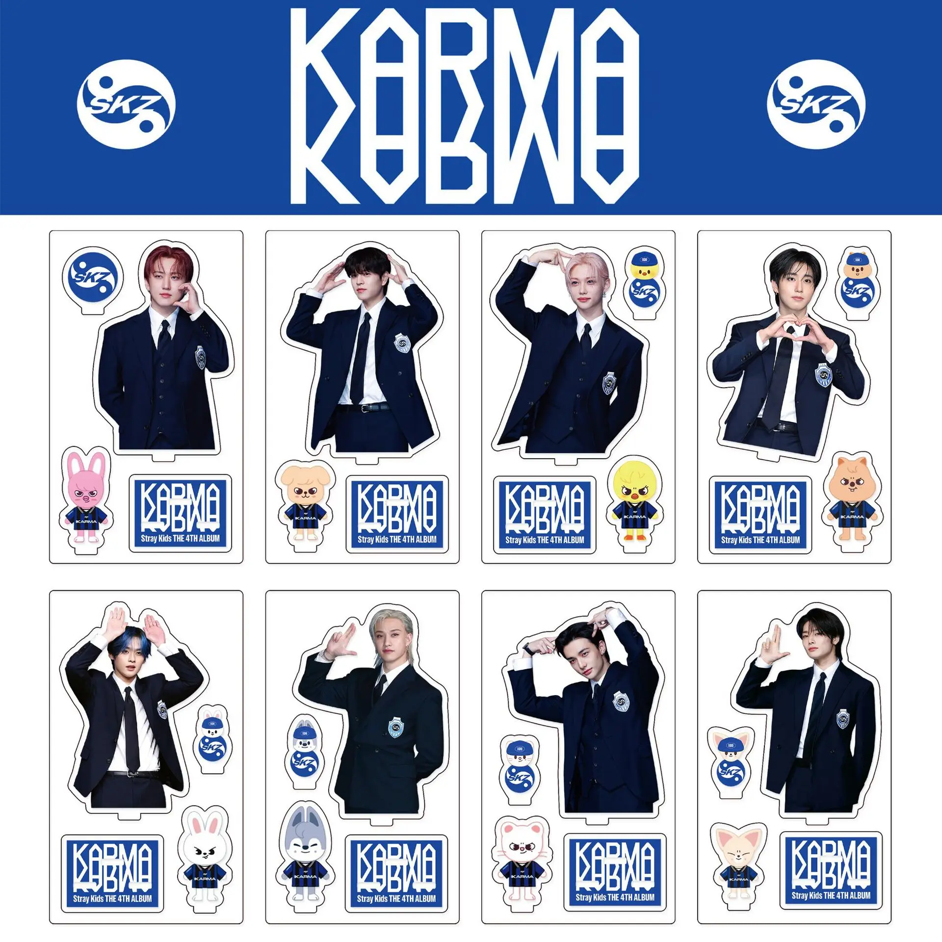 SKZOO Stray Kids Álbum Regular KARMA, Set de Tres Piezas de Decoración de Mesa con Soporte Acrílico Periférico, Felix HyunJin Woojin Chan