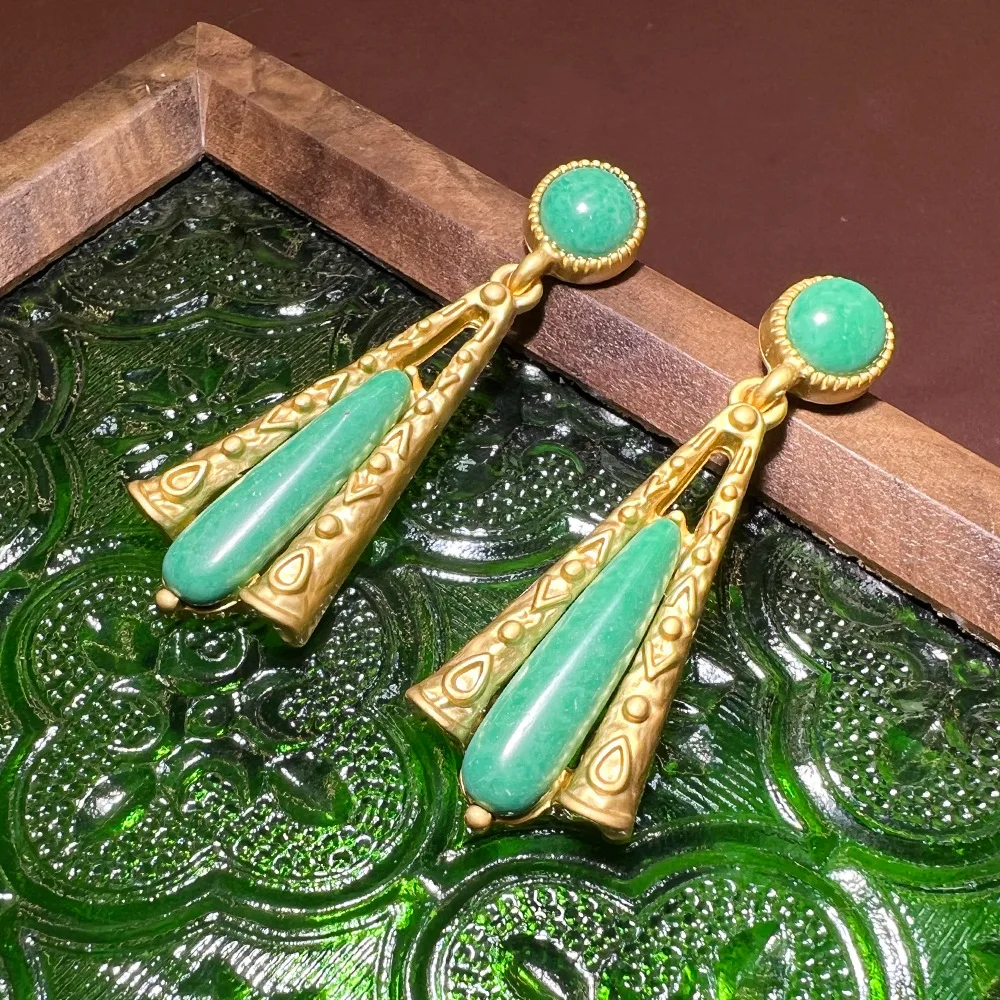 New Chinese fan turquoise water drop earrings vintage light luxury niche design versatile Internet celebrity explosion earrings