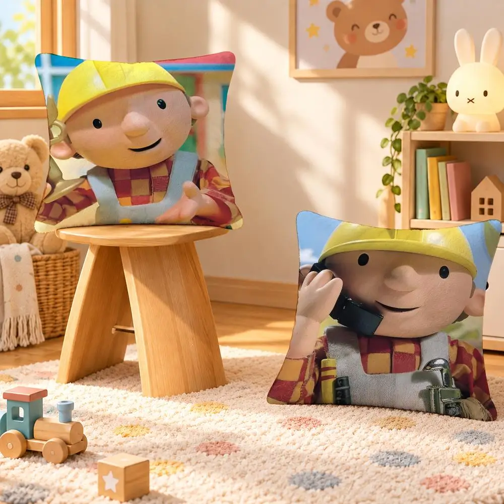 Cartoon Bob Builder Kids Style Cushion Cover Personalized Soft Plush Pillow Living Room Home Sofa Bedroom Office Car Cushion