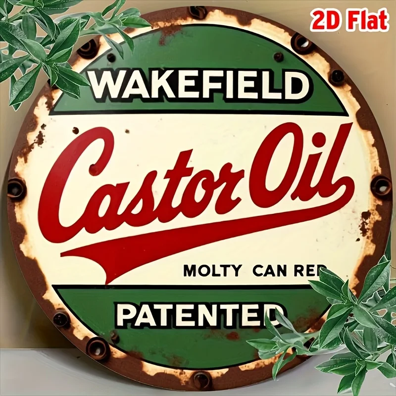 2D Flat - 1pc Vintage Wakefield Castor Oil Round Aluminum Sign - Rustic Farmhouse Wall Art with Distressed Green & Red Finish, R