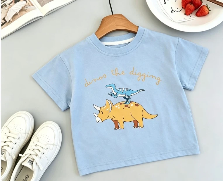 Trendy Kids T Shirt With Cute Dinosaur Digging Graphics Short Sleeve Cotton Top For Toddlers Boys And Girls Below 6T Baby Cloth