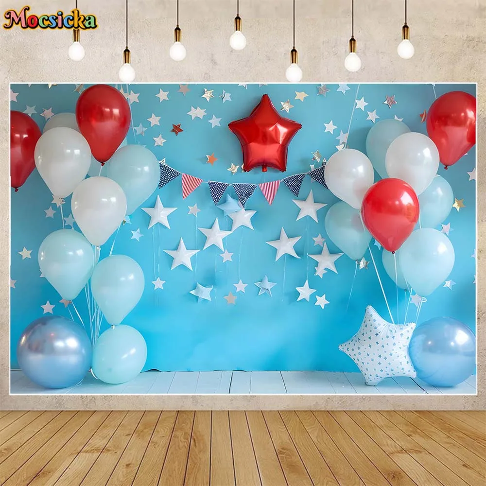 

Mocsicka Baby Kids Photo Background Blue Wall Silver Star Balloon 1st Birthday Cake Smash Party Decor Backdrop Photography Props