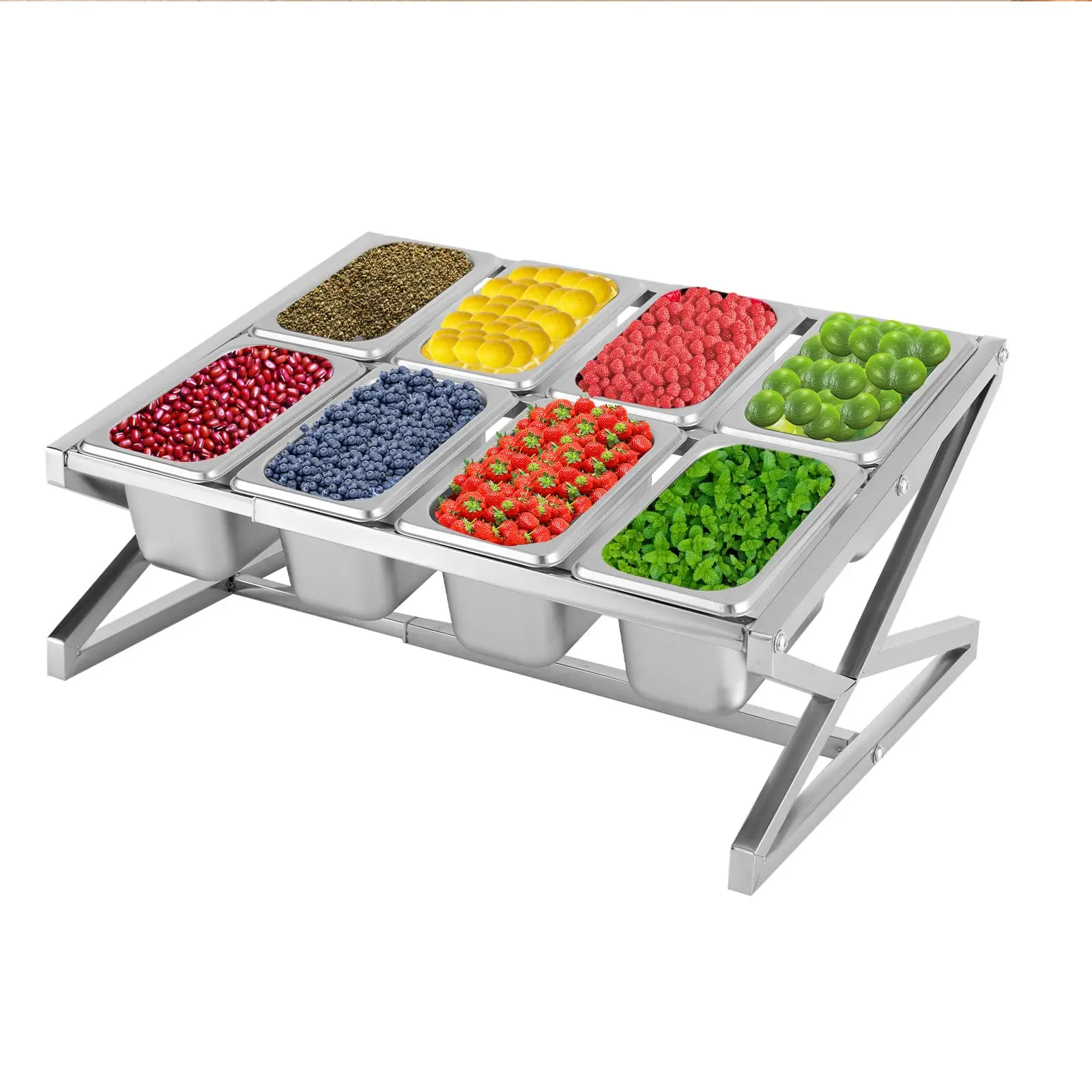 

Расширяемая полка для специй, подставка-органайзер из нержавеющей стали с 8 кастрюлями 1/9 и 8 ковшинами, наклонный держатель на столешнице для ингредиентов для соуса