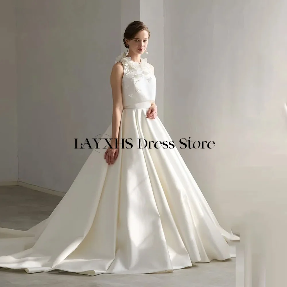 Eleganckie, ręcznie robione suknie ślubne z kwiatami 3D, dwuczęściowe, satynowe suknie ślubne w kolorze kości słoniowej z trenem, vestidos de novia, szyte na miarę