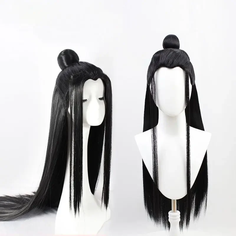 Man's Long Straight Ancient Black Synthetic Wig